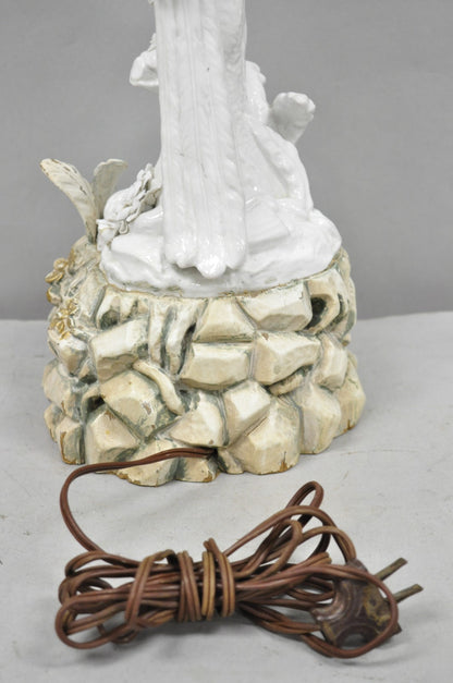 Antique Italian Blanc de Chine White Porcelain Perched Parrot Bird Table Lamp
