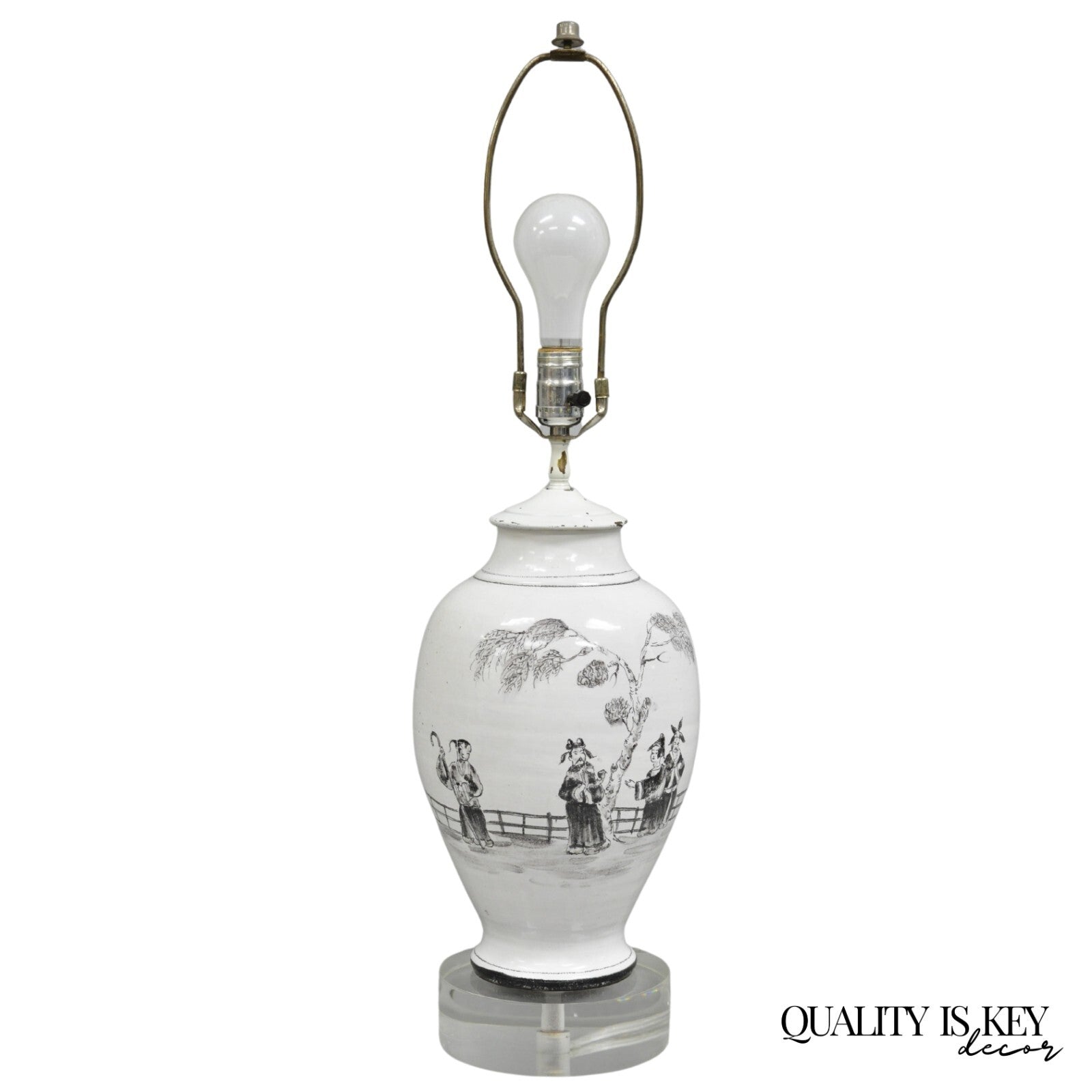 Vintage Chinoiserie White Ceramic Jardiniere Vase Oriental Table Lamp on Lucite