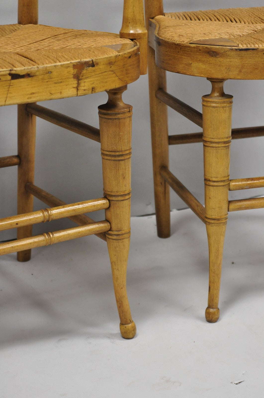 Antique English Regency Faux Bamboo Rush Seat Wooden Dining Chairs - Set of 6