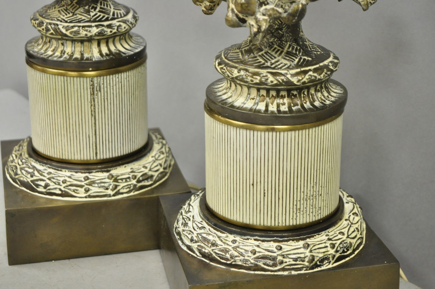 Vintage Hollywood Regency French Style Figural Cherub Metal Table Lamps - a Pair