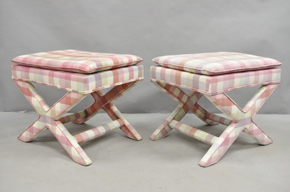 Vintage French Country Pink Plaid Hollywood Regency X-Stool Curule Bench Pair