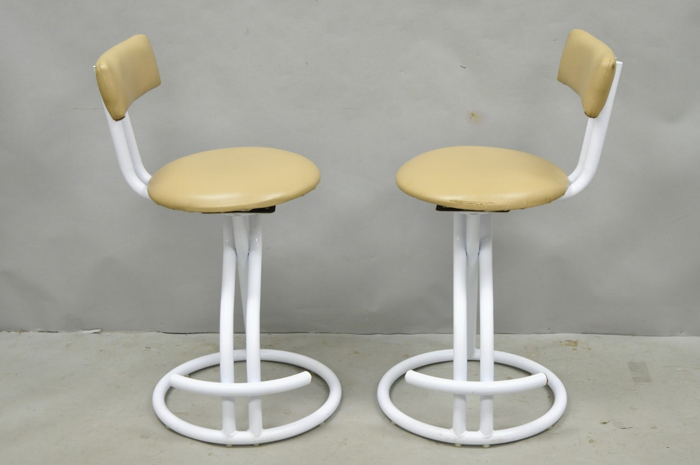 Vintage Postmodern Memphis Style White Tubular Metal Swivel Bar Stools  - a Pair