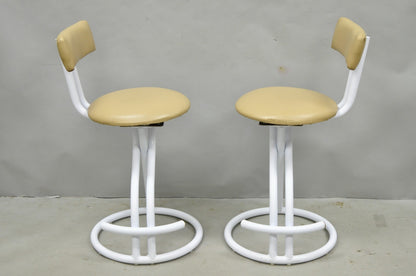 Vintage Postmodern Memphis Style White Tubular Metal Swivel Bar Stools  - a Pair