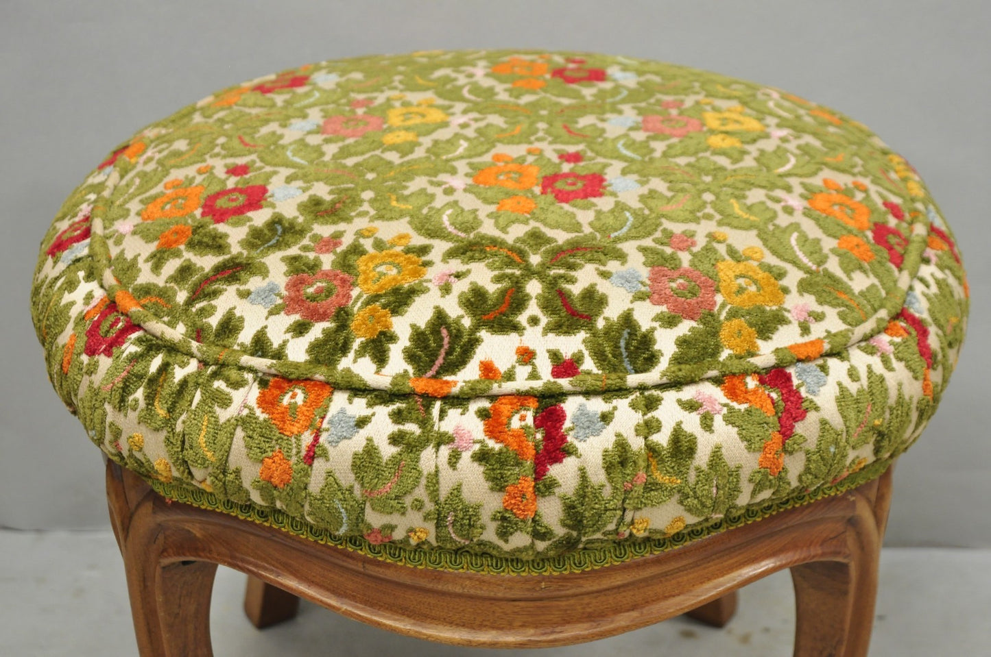 Vintage French Country Provincial Style Walnut Round Seat Vanity Bench Stool