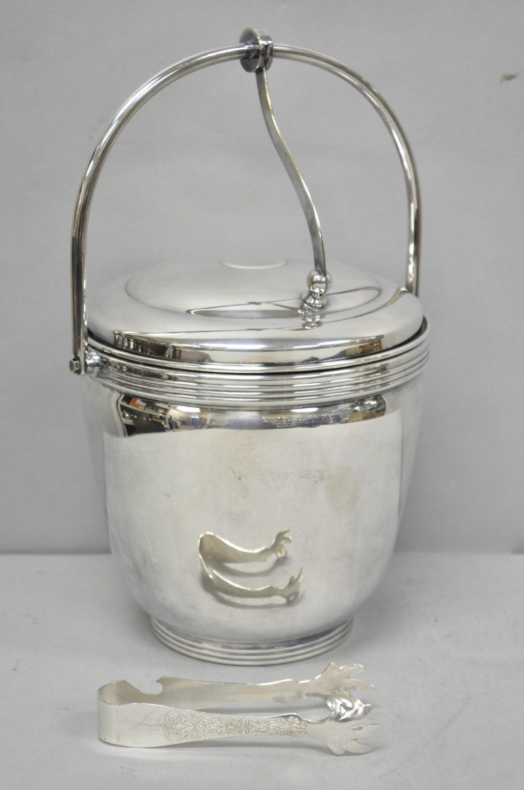Mid Century Modern Sheffield Silver Plated Reticulating Hinge Ice Bucket w Tongs