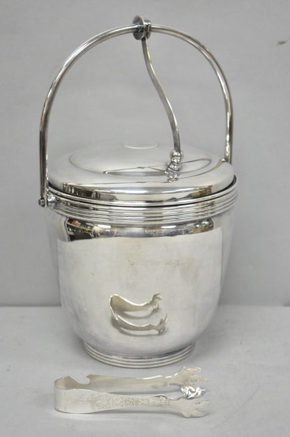 Mid Century Modern Sheffield Silver Plated Reticulating Hinge Ice Bucket w Tongs