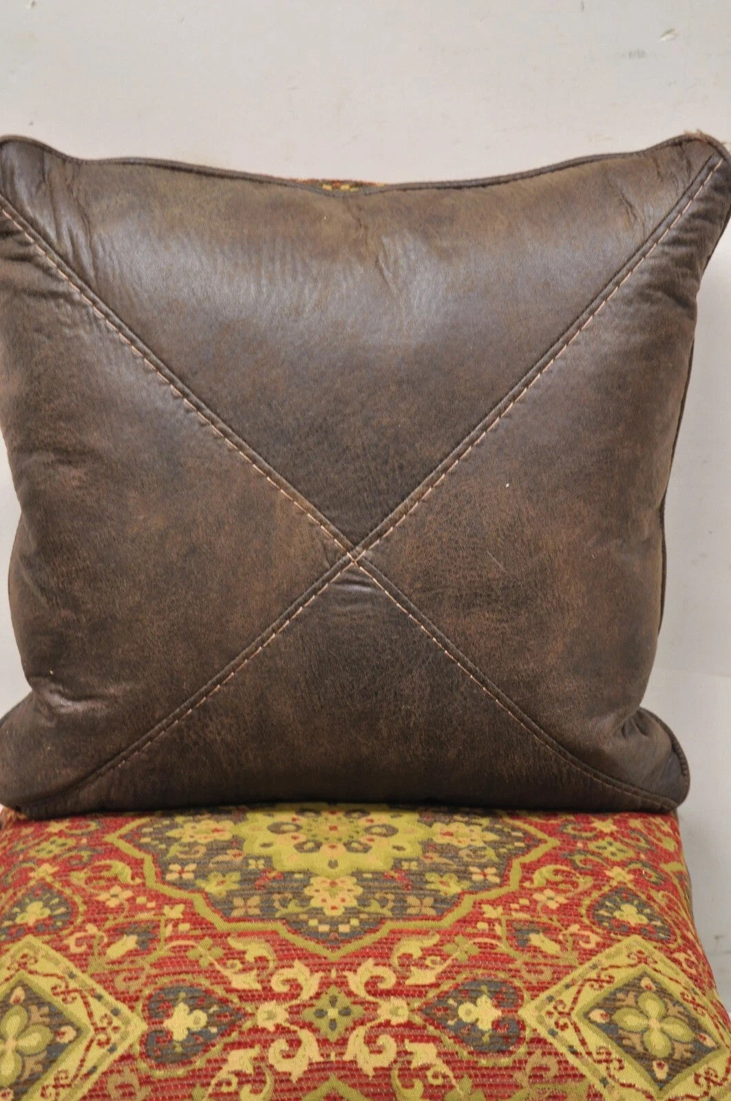 (4) Contemporary Mediterranean Red and Brown Tapestry Faux Leather Throw Pillows