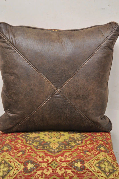 (4) Contemporary Mediterranean Red and Brown Tapestry Faux Leather Throw Pillows