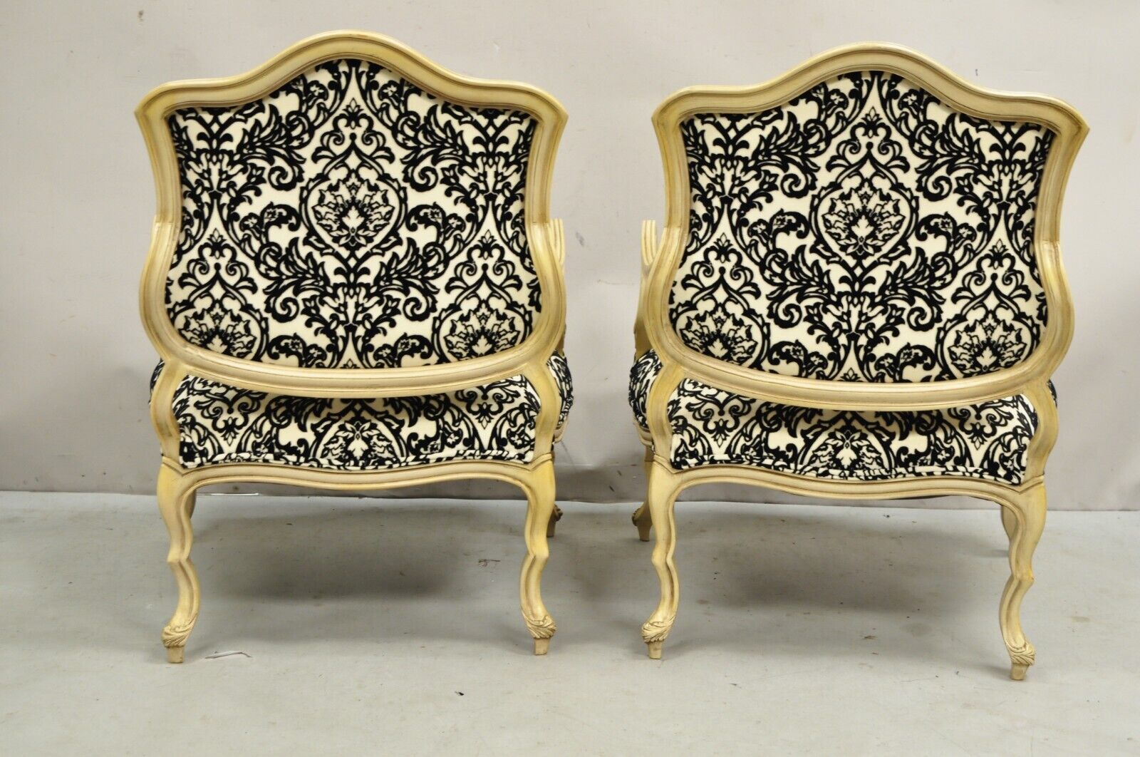 Hollywood Regency Carved Wood Low Cream Painted Damask Boudoir Chairs - a Pair