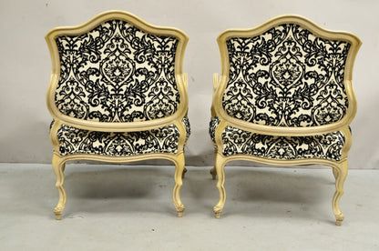 Hollywood Regency Carved Wood Low Cream Painted Damask Boudoir Chairs - a Pair