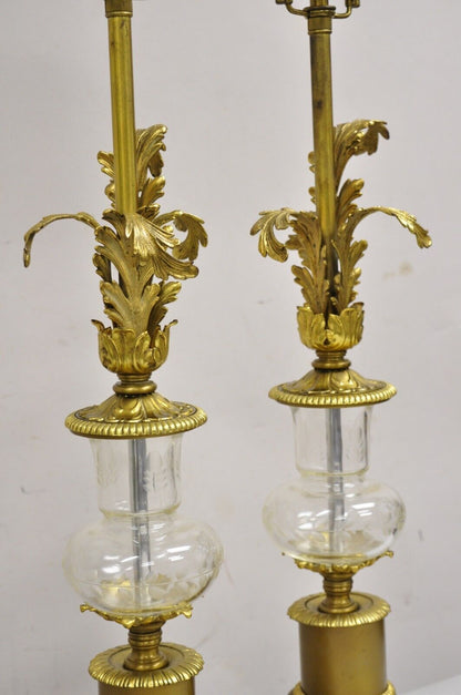 Vintage French Louis XV Style Brass & Crystal Urn Table Lamps - a Pair