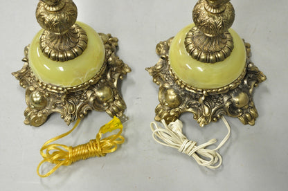 Vintage French Baroque Hollywood Regency Green Onyx Brass Table Lamps - a Pair