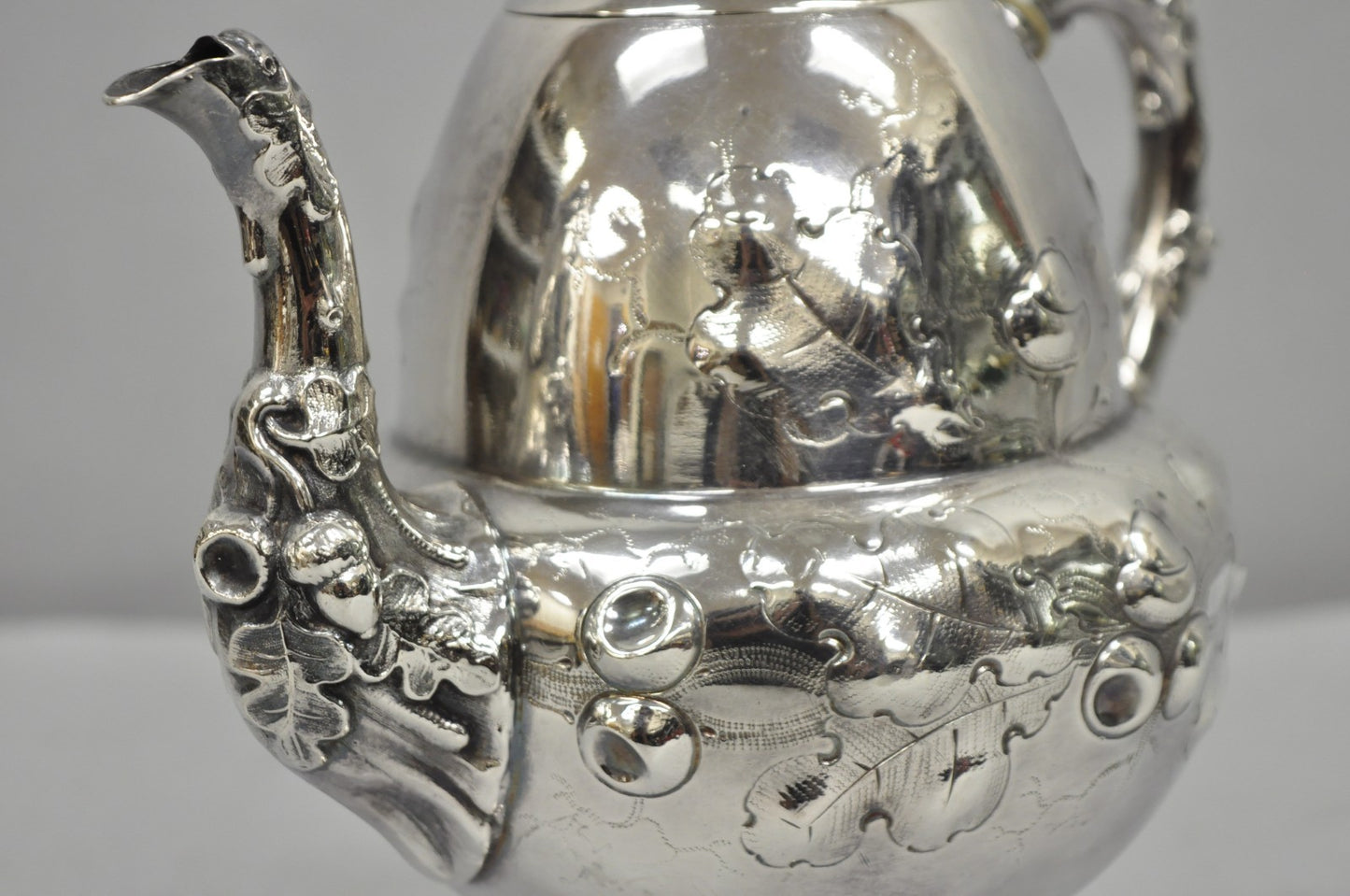 Antique Art Nouveau Silver Plated Nuts & Vines Repousse Tea Pot Tea Kettle