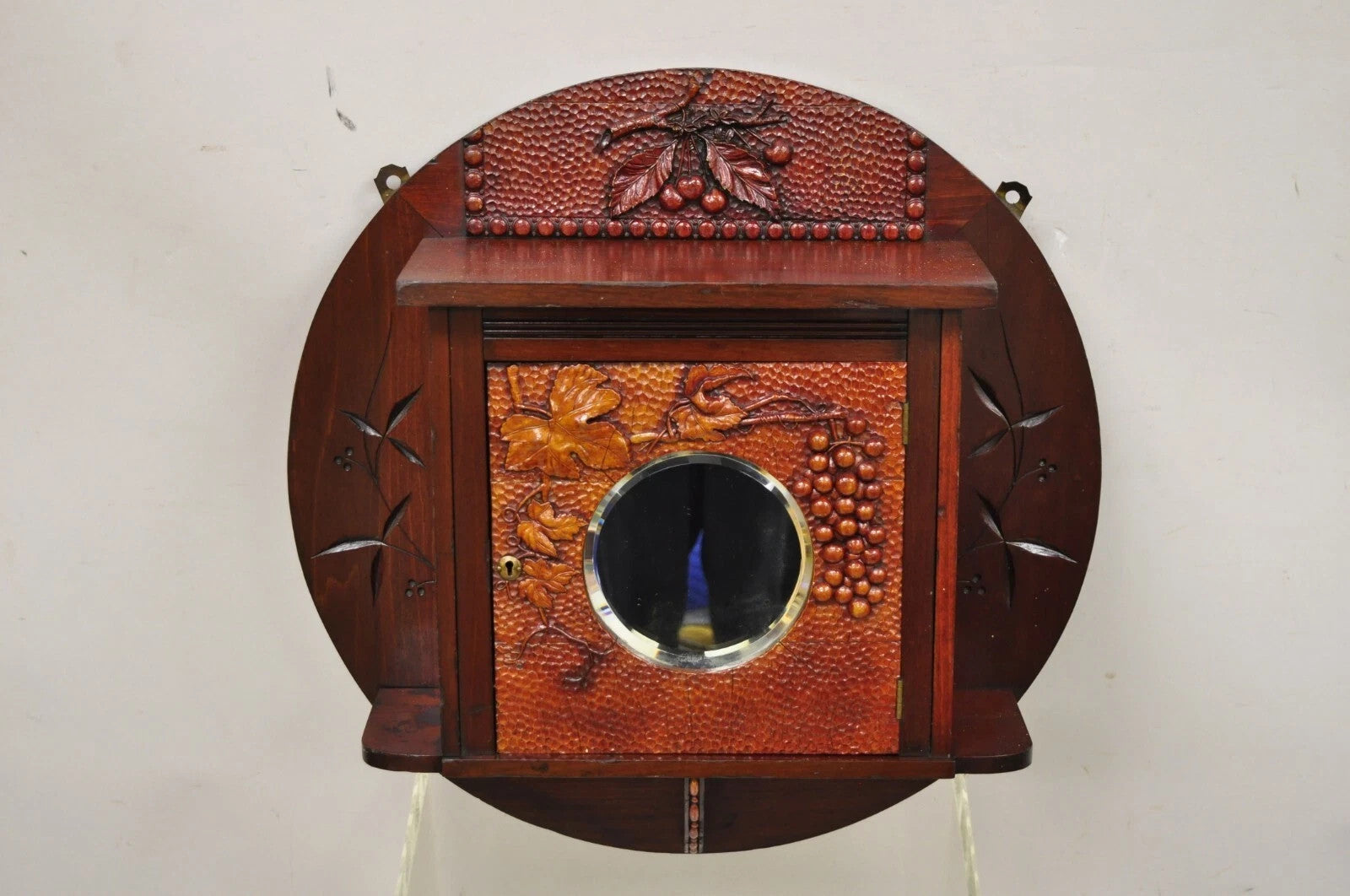 Antique Victorian Black Forest Carved Round Wall Mirror Curio Cabinet