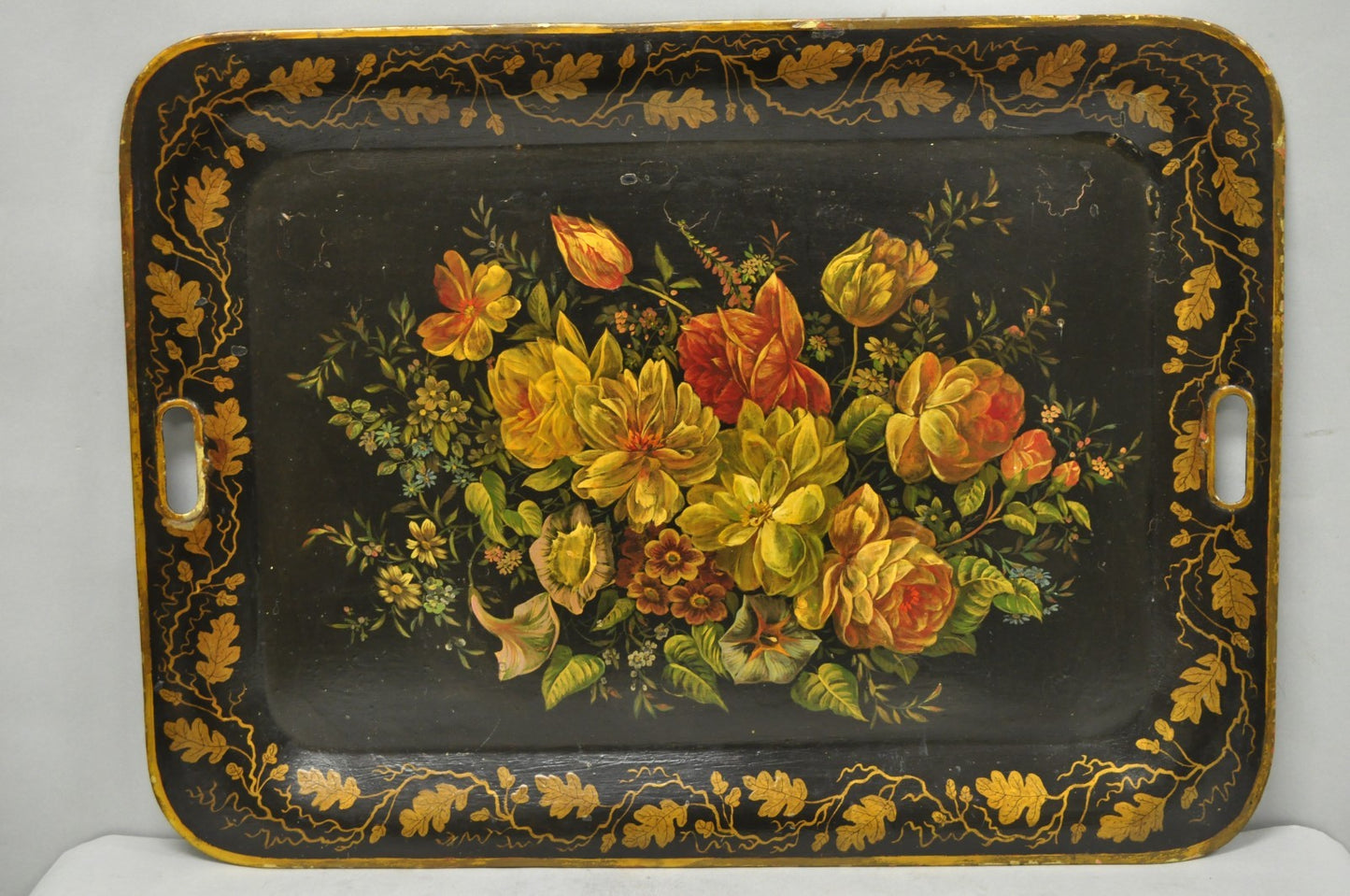 Antique French Country Tole Metal Hand Painted Floral Large Serving Platter Tray