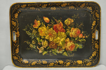 Antique French Country Tole Metal Hand Painted Floral Large Serving Platter Tray