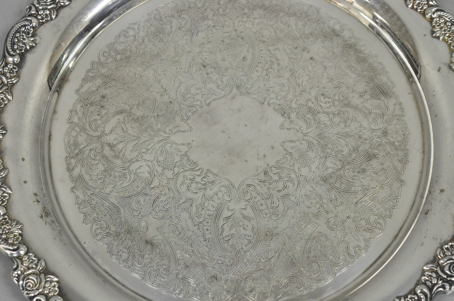 Vintage Oneida Victorian Silver Plated Twin Handle Round Bar Serving Tray