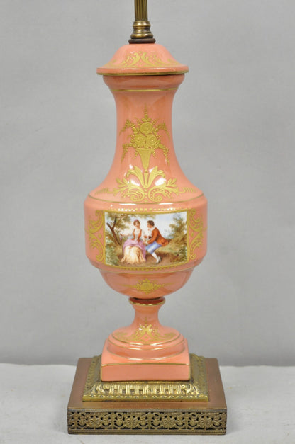 Antique French Victorian Salmon Coral Pink Porcelain Hand Painted Urn Table Lamp