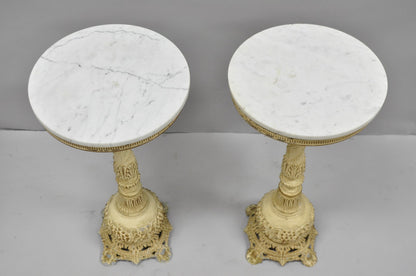 Vintage Hollywood Regency Small Metal Pedestal Marble Top Drinks Side Table Pair