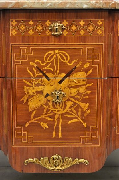 Vintage French Louis XV Style Marquetry Inlay Marble Top Commode Dresser Chest