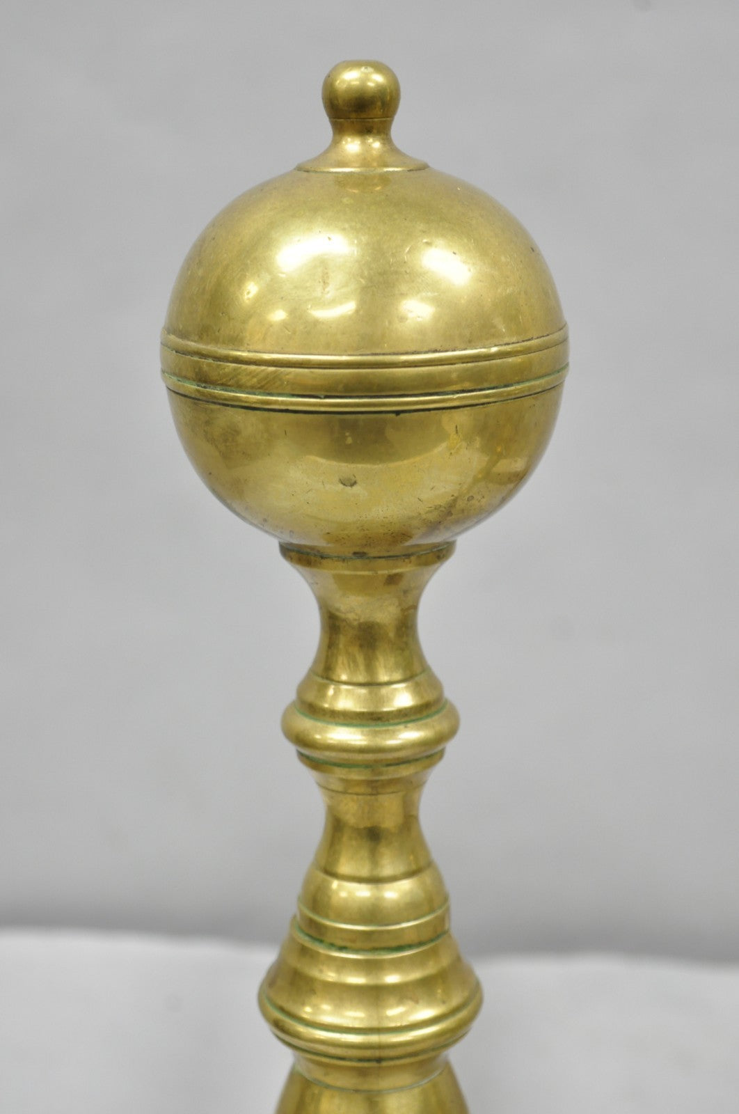 Antique English Colonial Brass Cannonball Branch Leg Andirons w/ Patina - a Pair