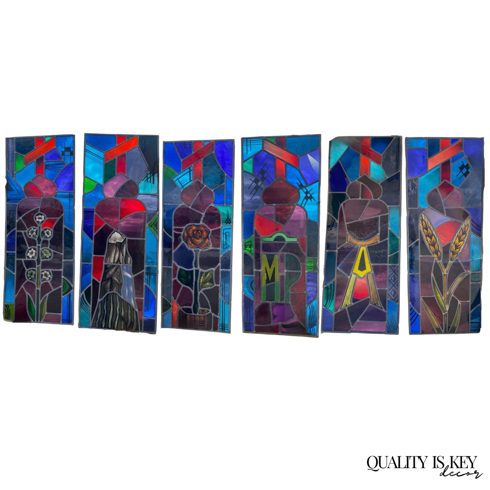 Vintage Art Deco Blue & Red Leaded Stained Glass Church Window w/ Cross - 6 Pcs