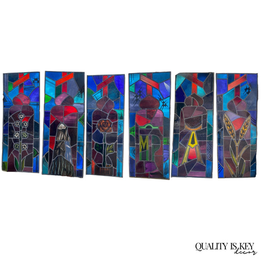 Vintage Art Deco Blue & Red Leaded Stained Glass Church Window w/ Cross - 6 Pcs