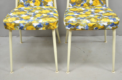 Vintage Retro Atomic Era Metal Kitchen Dining Chairs w/ Blue Yellow Flowers Pair