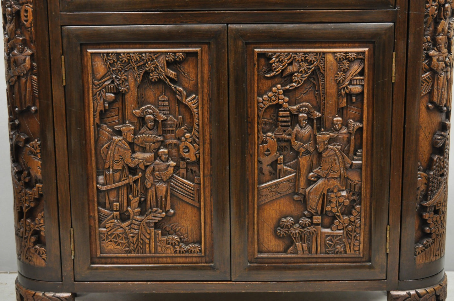 Vintage J L George Zee Chinese Figural Carved Teak Wood Flip Top Dry Bar Cabinet