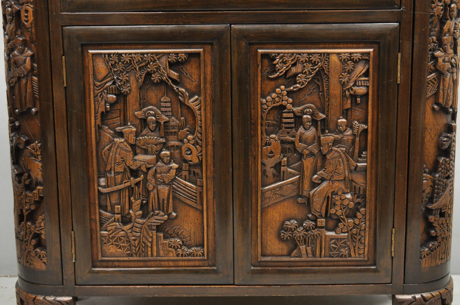 Vintage J L George Zee Chinese Figural Carved Teak Wood Flip Top Dry Bar Cabinet