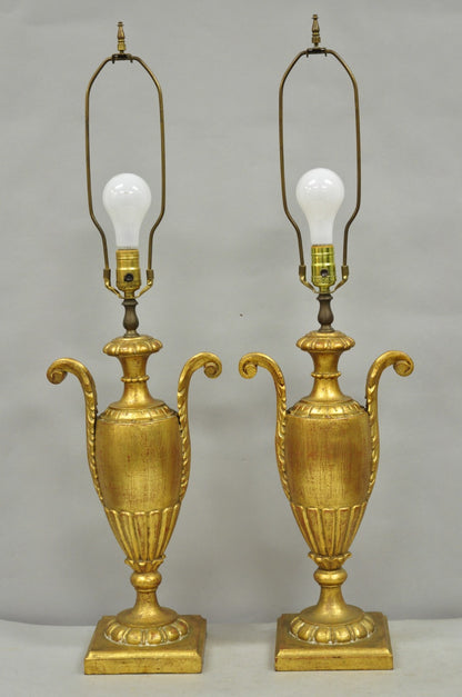 Vintage Italian Hollywood Regency Gold Giltwood Urn Form Table Lamps - a Pair