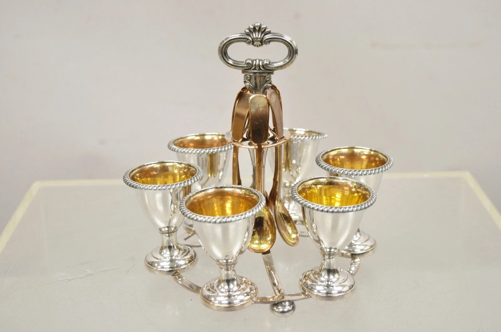 Antique English Victorian Silver Plated Egg Server w/ Spoon Set - Service for 6