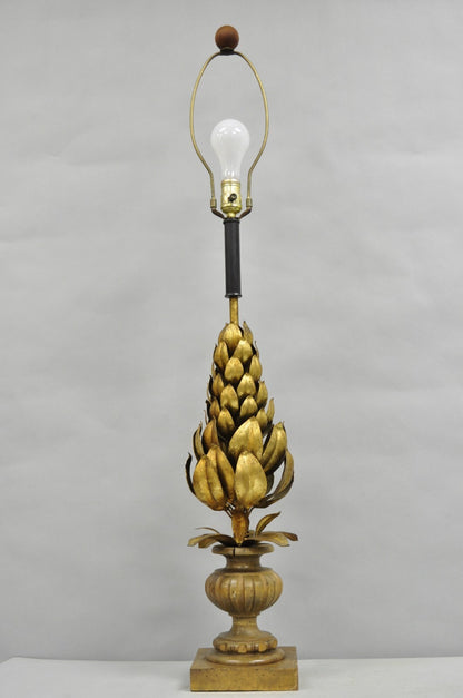 Vintage Italian Hollywood Regency Gold Gilt Leafy Iron Artichoke Table Lamp