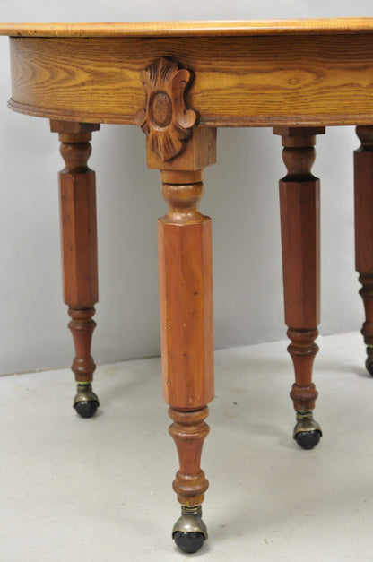 Antique English Victorian Oak & Elm Wood Round Extension Dining Table w 3 Leaves