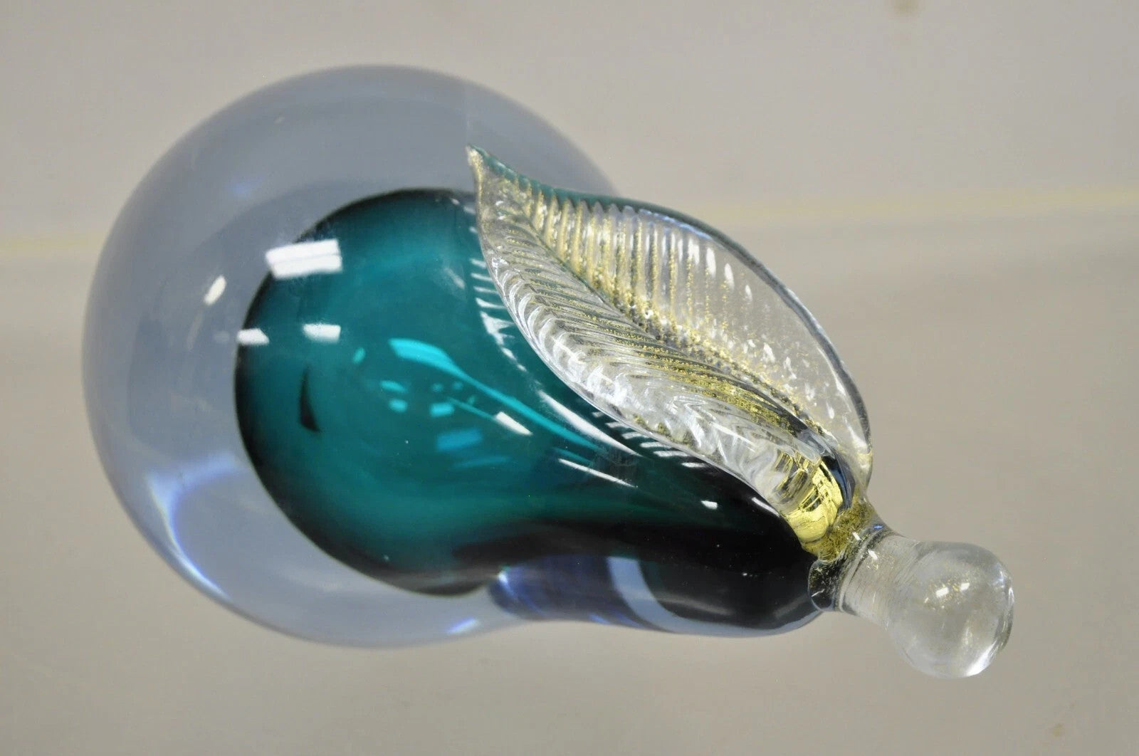 Italian Murano Blue 7" Blown Art Glass Pear Fruit Gold Flecks Leaf Paperweight