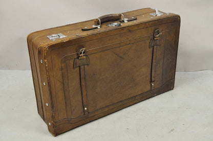 Vintage Art Deco Brown Distressed Leather 33" Luggage Suitcase by Golden Leaf