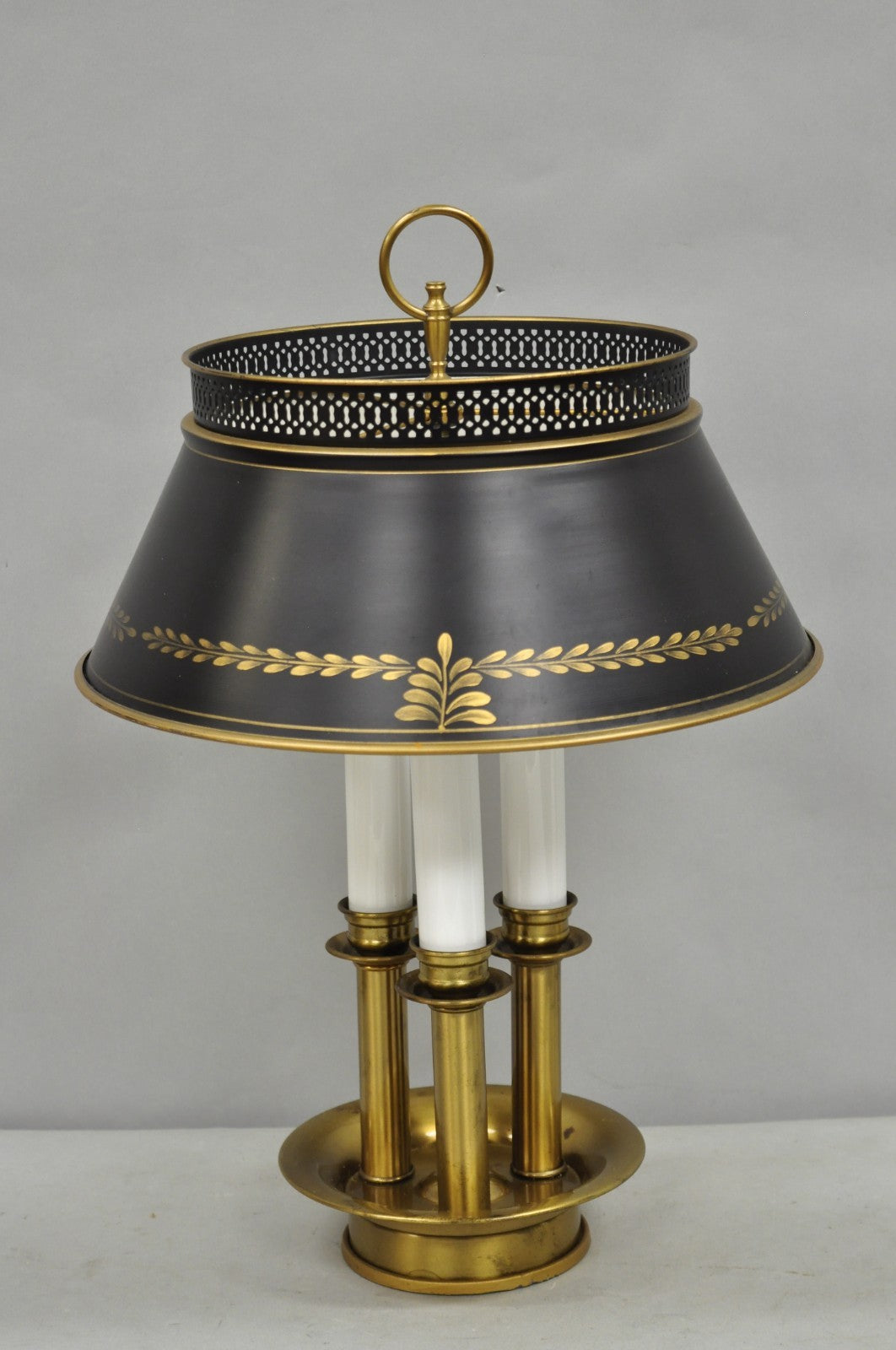 Vintage French Country Brass Tole Metal Shade Bouillotte Candlestick Table Lamp