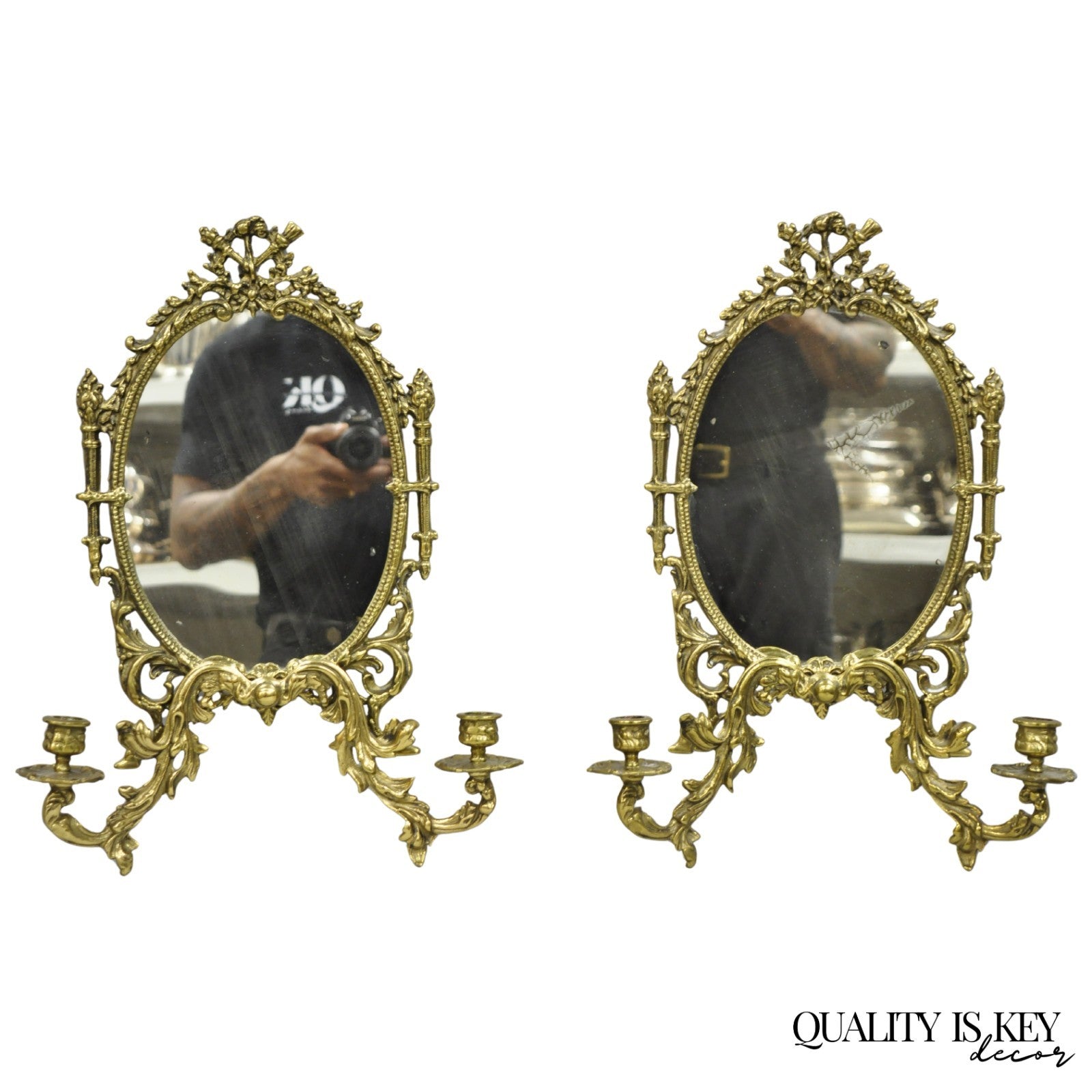 Antique French Rococo Louis XV Brass Oval Mirror Candelabra Wall Sconces - Pair