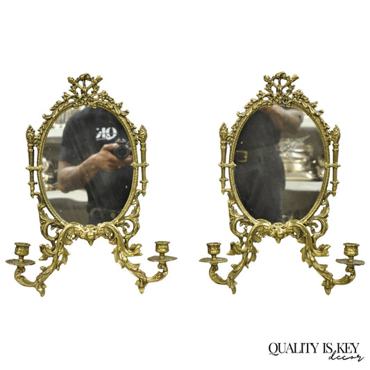 Antique French Rococo Louis XV Brass Oval Mirror Candelabra Wall Sconces - Pair