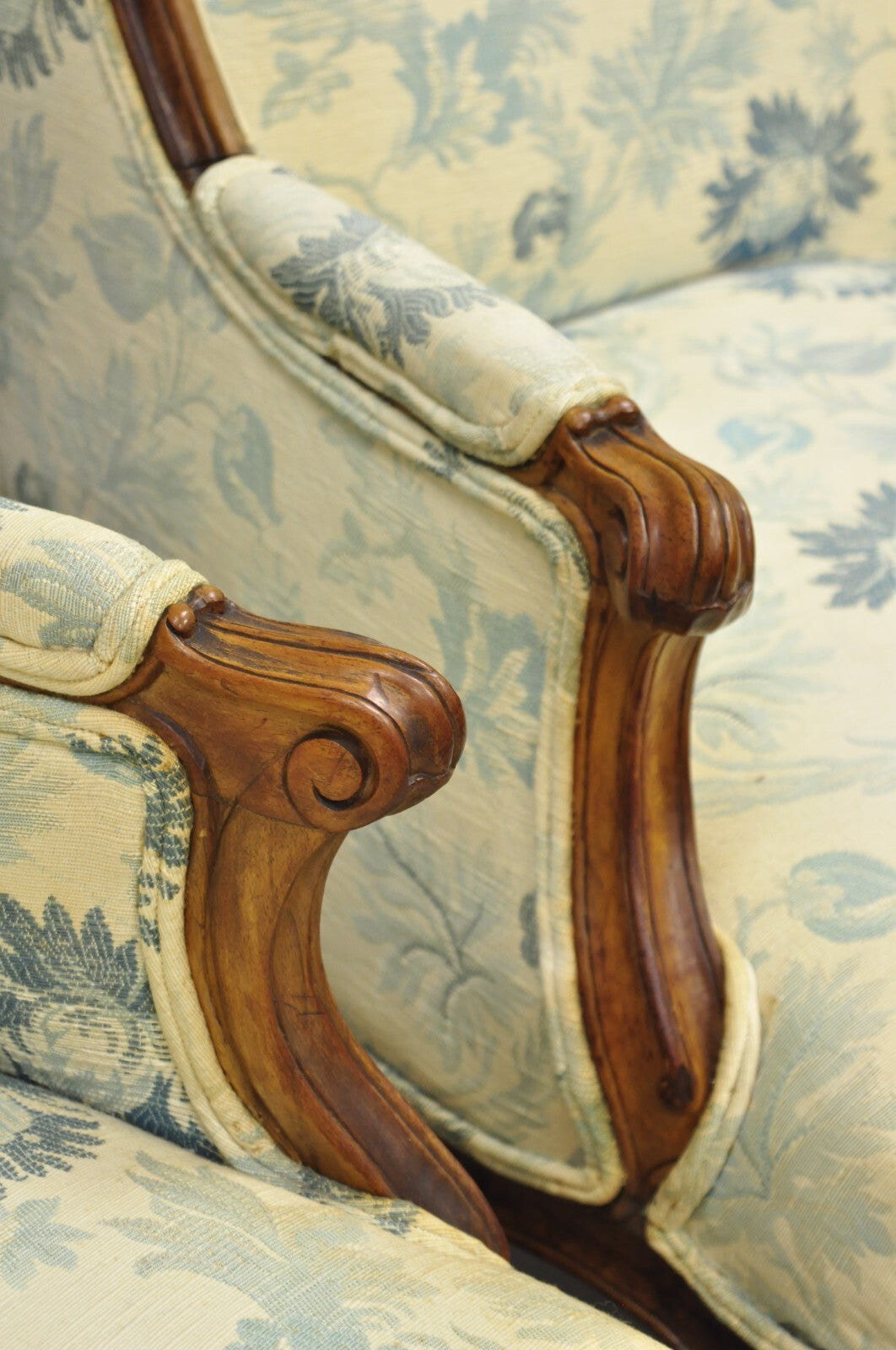 Antique French Country Provincial Carved Walnut Wingback Lounge Chairs Pair