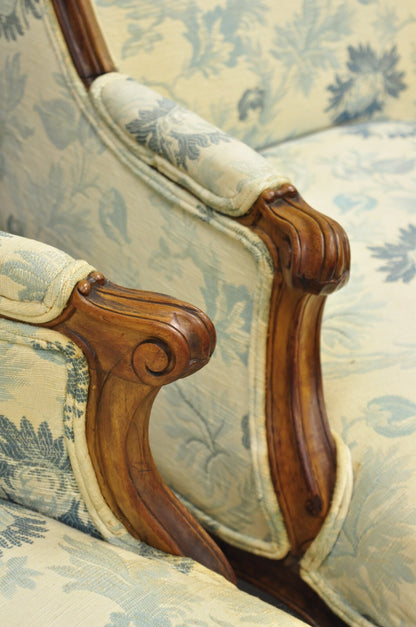 Antique French Country Provincial Carved Walnut Wingback Lounge Chairs Pair