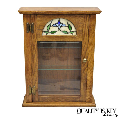 Vintage Victorian Style Oak Wood & Stained Glass Small Display Curio Cabinet