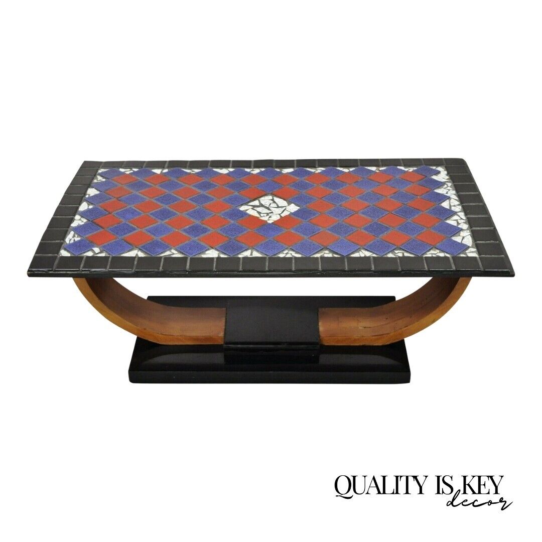 Vintage Art Deco Blue and Red Mosaic Tile Top Arch Base Coffee Table