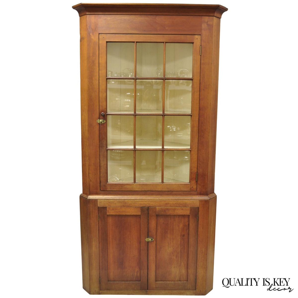 Antique Colonial Primitive Cherry Wood Glass Front Corner China Cabinet Cupboard