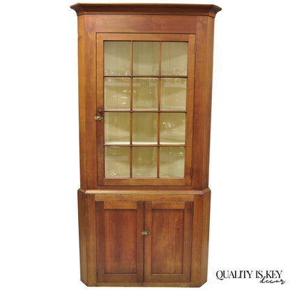 Antique Colonial Primitive Cherry Wood Glass Front Corner China Cabinet Cupboard