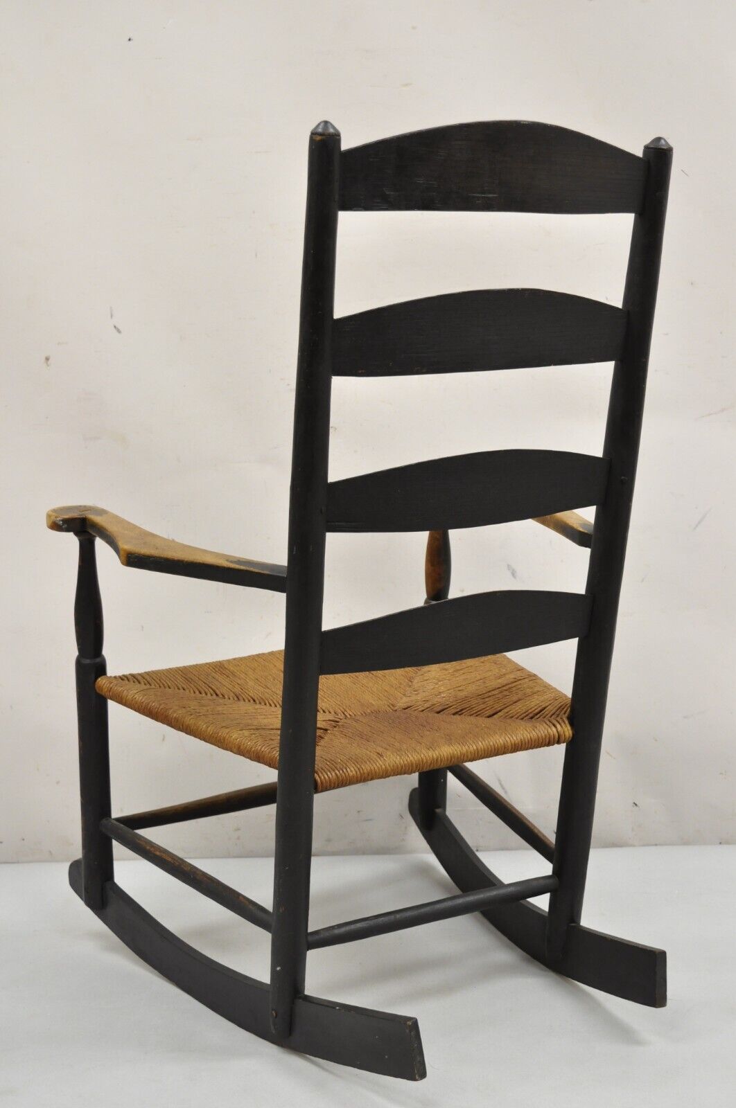 Antique American Primitive Shaker Ebonized Wood Rush Seat Rocker Rocking Chair