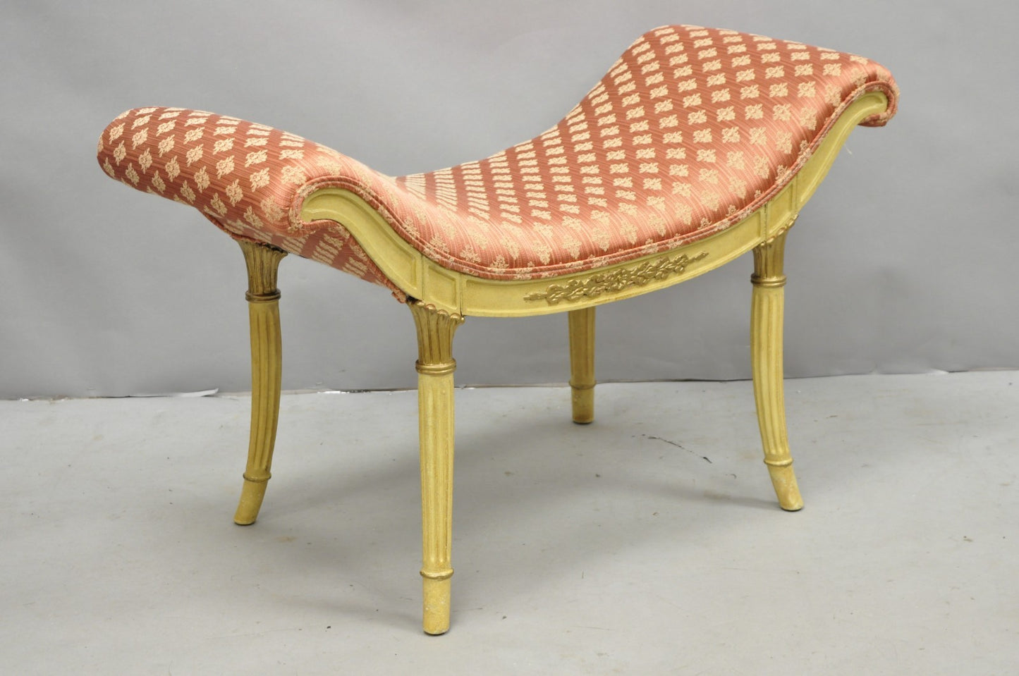 Vintage French Hollywood Regency Cream & Gold Wood Pink Waterfall Vanity Bench