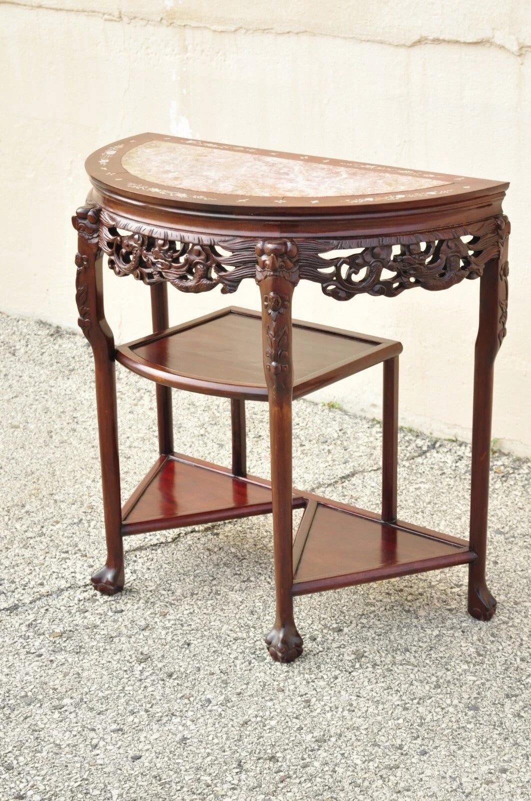 Vintage Oriental Chinese Carved Hardwood Demilune Marble Top Console Hall Table