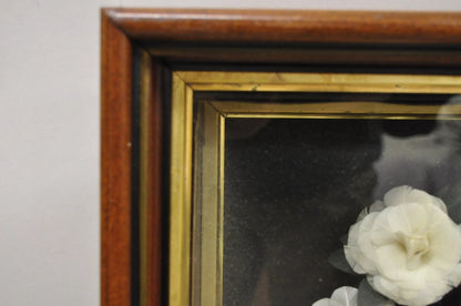 Antique Victorian White Feather Floral Mourning Wreath Mahogany Wood Shadow Box