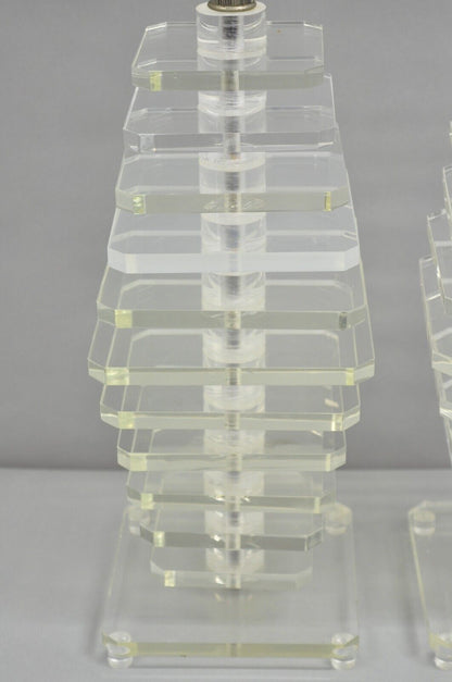 Vintage Mid Century Modern Stacked Lucite Skyscraper Table Lamps - a Pair